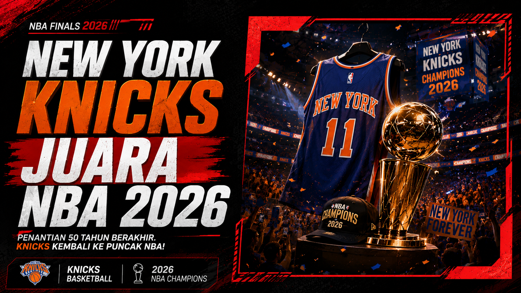 Ilustrasi poster New York Knicks juara NBA 2026 beserta jersey official, piala, serta topi NBA di stadium.