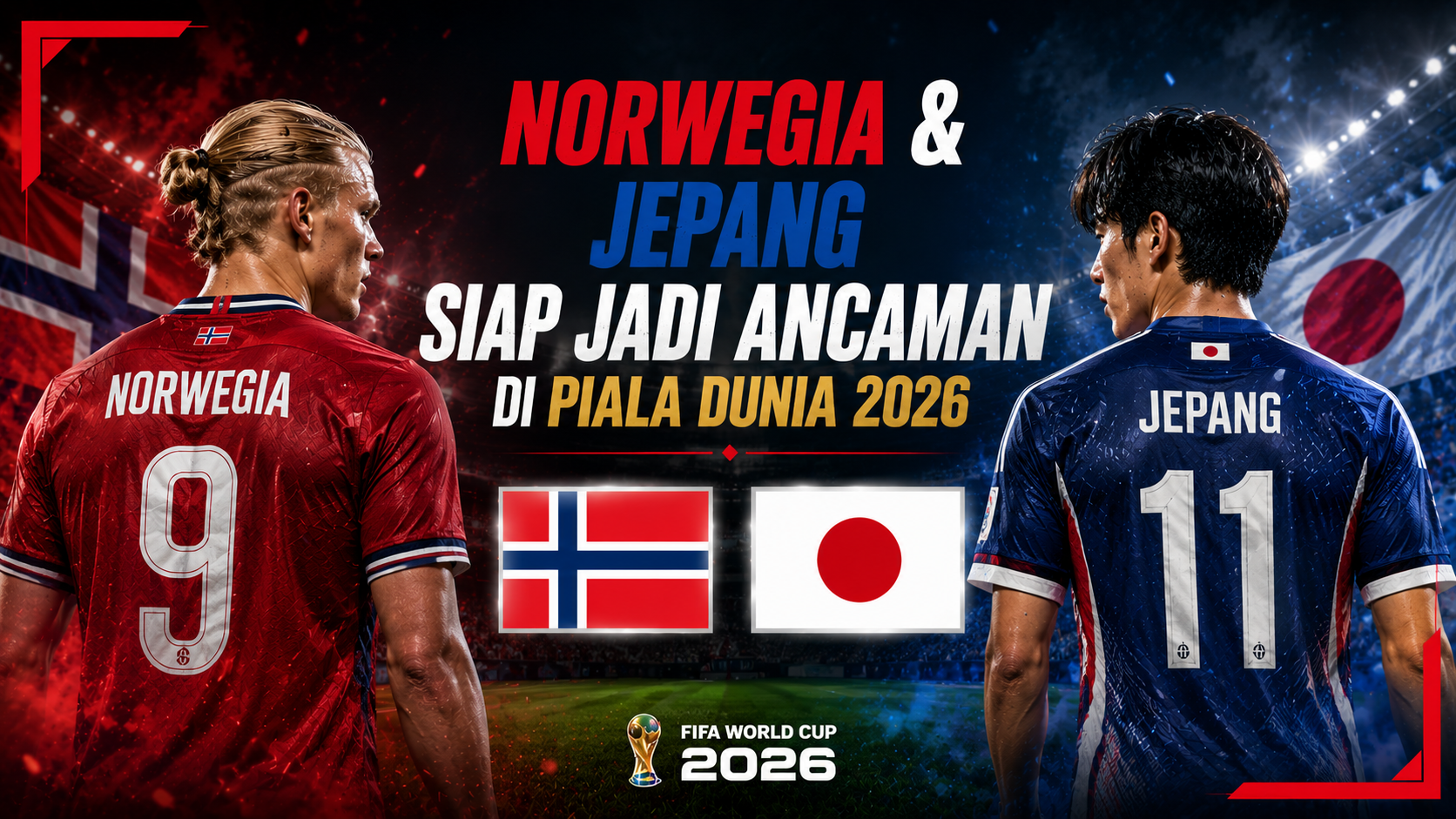 Ilustrasi Norwegia dan Jepang dengan jersey resmi di Piala Dunia 2026.
